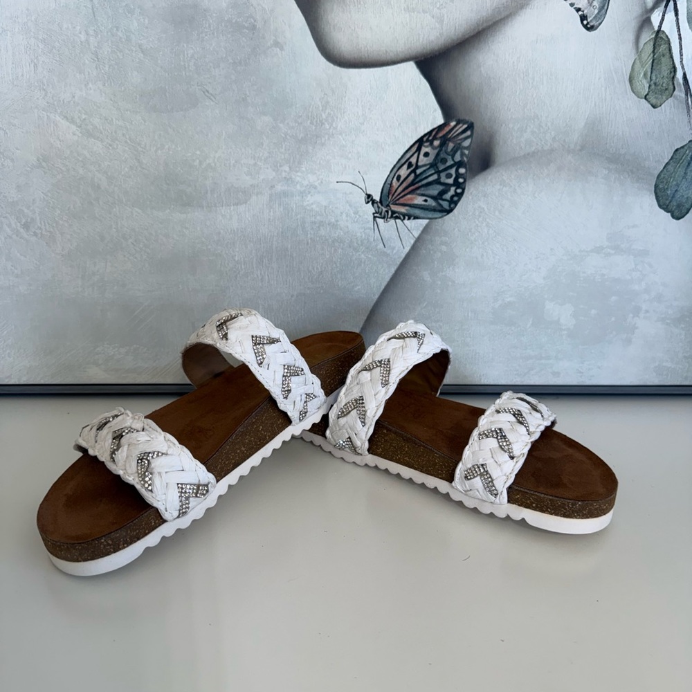 Women's White Braided Double-Strap Slide Sandals with Brown Footbed